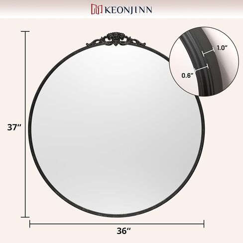 Keonjinn 30" x 30" Round Antique Mirror, Black Vintage Mirrors for Wall with Metal Frame, Circle Vintage Vanity Mirror, Round Bathroom Mirror for Mantle, Living Room, Fireplace, French Cleat Mounting in Saudi Arabia