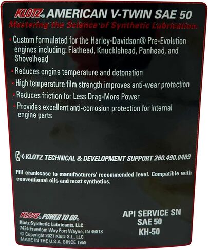 Klotz American V-Twin Synthetic Motorcycle Oil Lubricant 20W-50 for Harley-Davidson Air-Cooled Engine – Wear Protection & Antioxidant | KH-2050, 4 Quarts Value Pack in Saudi Arabia