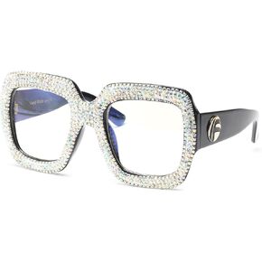 bullabulling Rhinestone Ladies Reading Glasses Stylish Frame - Oversized Square Bling Design Reader Eyeglasses for Women L05