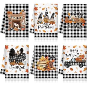6 Pieces Fall Kitchen Towels Blue Orange Pumpkin Dish Towels Buffalo Plaid Autumn Bathroom Hand Towels 21.26 x 14.17 Inch Thanksgiving Tea Towels Fall Decor for Kitchen Bath Farmhouse Gifts