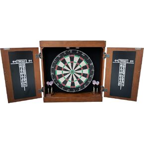 Hathaway Farmington Dartboard and Cabinet Set - Includes 18-in Dartboard, Steel-Tip Darts, Chalk Scoreboards - Perfect for Family Game Rooms, Basements, Home Bars, Walnut