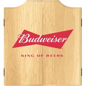 Dart Board Cabinet Set - Budweiser Bow Tie Dart Board with 6 Steel Tip Darts, Scoreboard, Hanging Wood Cupboard by Trademark Gameroom