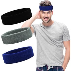 Sweatbands Sports Headbands for Men & Women - 3 Pack Moisture Wicking Terry Cloth Headband for Tennis, Basketball, Running, Gym - Sweat Band, Cotton