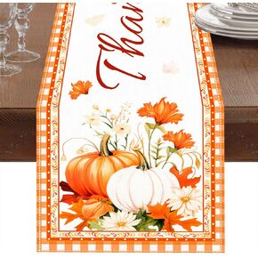 Netnology Pumpkins Leaves Fall Table Runner, White and Gray Buffalo Plaid Thanksgiving Table Runner, Seasonal Farmhouse Indoor Decor Autumn Decorations for Home 13 x 72 Inch