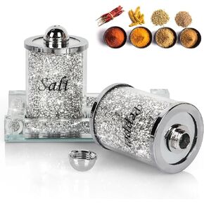 Salt and Pepper Shakers, Crystal Pink Kitchen Canister Set of 2 with Tray, Glass Spice Shaker for Home Decor, Fancy Decorative Crushed Diamond Jars for Gift (Gold)
