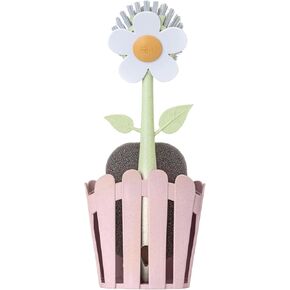 Vigar Florganic 3-Piece Sink Caddy Set, Eco-Friendly Daisy-Shaped Dish Brush, Sponge and Fence-Shaped Holder with Suction Cup, Orange