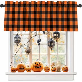 Windows Valances Curtain Halloween Orange Black Plaid Kitchen Valances Rod Pocket Farmhouse Buffalo Check Window Treatment Short Topper Curtains for Kitchen Living Bedroom 1 Panel,54 by 18 inch
