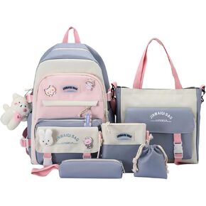 5Pcs Kawaii Anime Canvas School Backpack Combo Set with Pins Cute Bear Pendant Aesthetic Daypack School Essential Kit