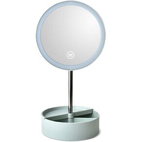 AFULILI LED Lighted Makeup Mirror with 3 Color Lighting Dimmable Touch Screen Ewelry Storage Desktop Lighting Mirror Bedroom Mirror 360° Adjustment (Flat, Pink)