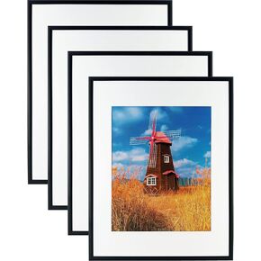 11x14 Inch Aluminum Metal Picture Frame with Black bevelled Mat, Display 8x10 picture with mat or 11x14 Picture without mat, set of 4pcs (Black Frame Black Mat 4 Pack)
