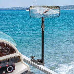 Boat Mirror, Upgraded Pontoon Boat Rear View Mirror with Telescopic Pole & Heavy Duty Bracket,Wide Angle 3.7"x11"Adjustable Marine Rear View Mirror for Pontoon Boat Ski Boats Water Skiing