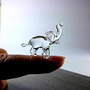 Elephant Tiny Micro Figurines Hand Blown Glass Art Animals Collectible Gift Home Décor, Trunk Up (Black)