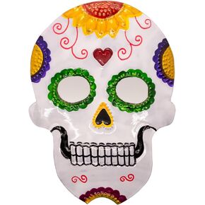 Handcrafted Tin Day of the Dead Skull from Mexico | Featuring Mirror Eyes and Vibrant Colors | Frida-Themed or Flower Design | Celebrate Loved Ones of El Día de los Muertos (Purple Frida Skull)