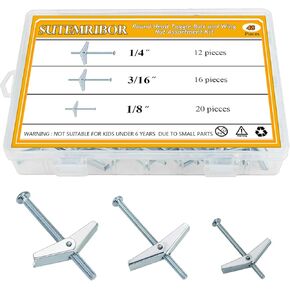 1/8 Inch, 3/16 Inch, 1/4 Inch Toggle Bolt and Wing Nut for Hanging Heavy Items on Drywall, 48 PCS