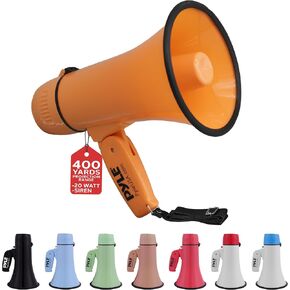 Pyle 20W Megaphone Bullhorn - Portable, Automatic Siren & Adjustable Volume,Projection Range Up to 400 Square Yards, Aux Input, Talk, Siren, Music, Whistle, & Record, Shoulder Strap (Orange)
