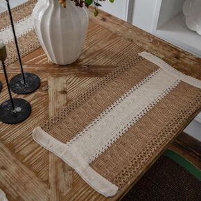 Burlap Table Runners Farmhouse Boho Long Table Runner Woven Cotton Linen Crochet Macrame Rustic Table Runner for Wedding Home and Dining Christmas Table Decor (12 in x 72 in)