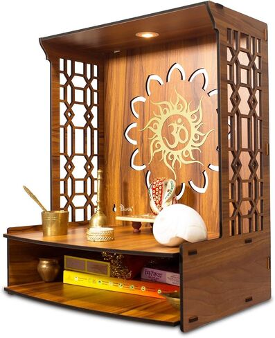 Wooden Temple with LED Spot Light Wall Temple Home Temple Pooja Ghar Puja Temple Mandir Pooja Mandir Best Mandir for Home in USA (Vaayu), Medium, Brown in Saudi Arabia