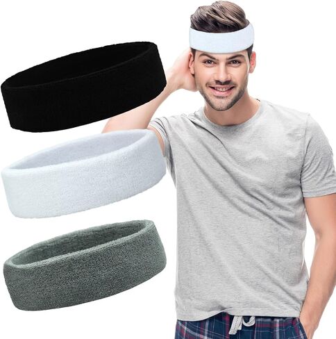 Sweatbands Sports Headbands for Men & Women - 3 Pack Moisture Wicking Terry Cloth Headband for Tennis, Basketball, Running, Gym - Sweat Band, Cotton in Saudi Arabia