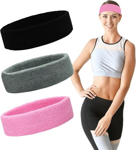 Sweatbands Sports Headbands for Men & Women - 3 Pack Moisture Wicking Terry Cloth Headband for Tennis, Basketball, Running, Gym - Sweat Band, Cotton in Saudi Arabia