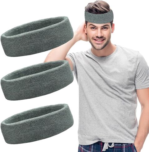 عصابات رأس رياضية للرجال والنساء - عبوة من 3 عصابات رأس من قماش تيري الماص للرطوبة للتنس وكرة السلة والجري وصالة الألعاب الرياضية - عصابة رأس من القطن in Kuwait