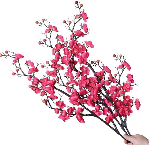 cn-Knight 3pcs Artificial Cherry Blossom Branches,37 Inch Long Stem Silk Plum Blossom with Buds,Realistic Japanese Apricot for Home Décor Centerpiece Wedding Bouquet,White in Kuwait
