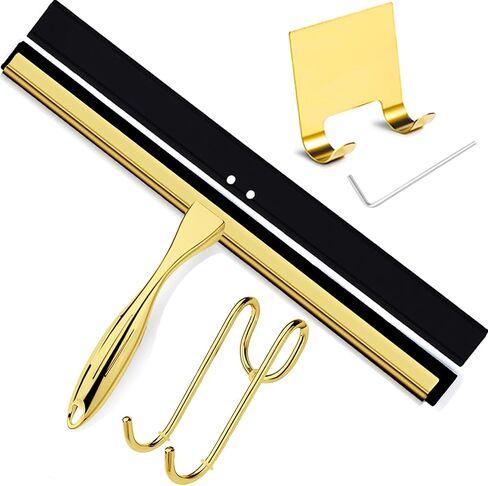 Shower Squeegee for Glass Doors, 14 Inches Bathroom Squeegee with Spare Silicone Blade, Shower Door Hook and Adhesive Hook, Stainless Steel Bathroom Squeegee for Mirror Window (14in-Gold-1 Pack) in Saudi Arabia