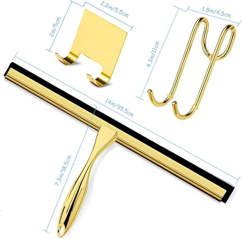 Shower Squeegee for Glass Doors, 14 Inches Bathroom Squeegee with Spare Silicone Blade, Shower Door Hook and Adhesive Hook, Stainless Steel Bathroom Squeegee for Mirror Window (14in-Gold-1 Pack) in Saudi Arabia