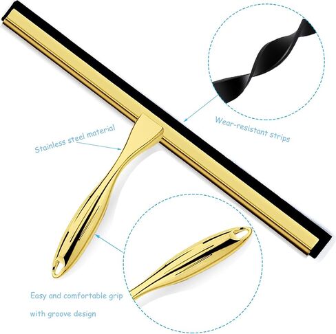 Shower Squeegee for Glass Doors, 14 Inches Bathroom Squeegee with Spare Silicone Blade, Shower Door Hook and Adhesive Hook, Stainless Steel Bathroom Squeegee for Mirror Window (14in-Gold-1 Pack) in Saudi Arabia