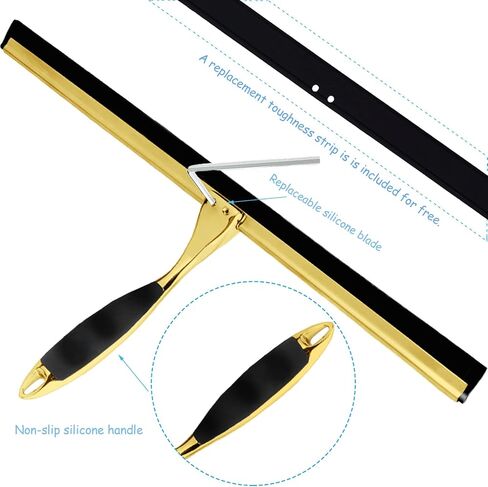 Shower Squeegee for Glass Doors, 14 Inches Bathroom Squeegee with Spare Silicone Blade, Shower Door Hook and Adhesive Hook, Stainless Steel Bathroom Squeegee for Mirror Window (14in-Gold-1 Pack) in Saudi Arabia