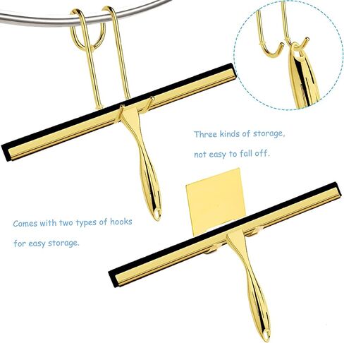 Shower Squeegee for Glass Doors, 14 Inches Bathroom Squeegee with Spare Silicone Blade, Shower Door Hook and Adhesive Hook, Stainless Steel Bathroom Squeegee for Mirror Window (14in-Gold-1 Pack) in Saudi Arabia