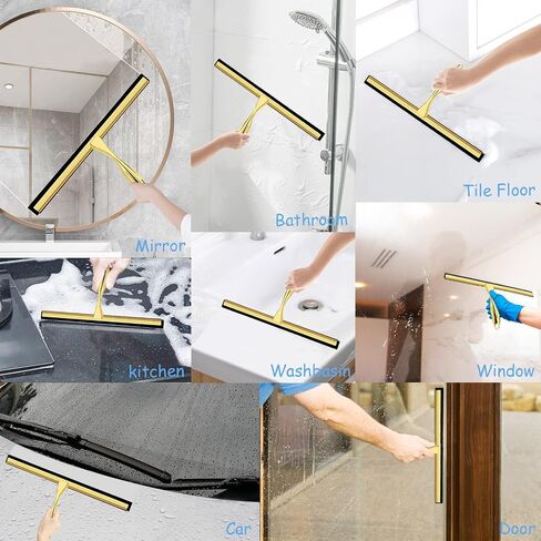 Shower Squeegee for Glass Doors, 14 Inches Bathroom Squeegee with Spare Silicone Blade, Shower Door Hook and Adhesive Hook, Stainless Steel Bathroom Squeegee for Mirror Window (14in-Gold-1 Pack) in Saudi Arabia