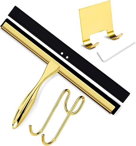 Shower Squeegee for Glass Doors, 14 Inches Bathroom Squeegee with Spare Silicone Blade, Shower Door Hook and Adhesive Hook, Stainless Steel Bathroom Squeegee for Mirror Window (14in-Gold-1 Pack) in Saudi Arabia