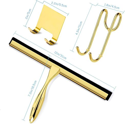 Shower Squeegee for Glass Doors, 14 Inches Bathroom Squeegee with Spare Silicone Blade, Shower Door Hook and Adhesive Hook, Stainless Steel Bathroom Squeegee for Mirror Window (14in-Gold-1 Pack) in Saudi Arabia