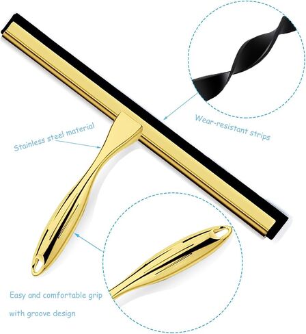 Shower Squeegee for Glass Doors, 14 Inches Bathroom Squeegee with Spare Silicone Blade, Shower Door Hook and Adhesive Hook, Stainless Steel Bathroom Squeegee for Mirror Window (14in-Gold-1 Pack) in Saudi Arabia