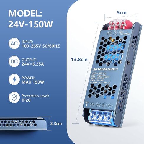24V 150W LED Power Supply, Ultra Slim LED Transformer 100-265V AC to 24V DC 6.25A Converter Quiet Low Volt LED Driver Constant Voltage Driver Adapter for LED Strip Lights, LED Lamp in Saudi Arabia