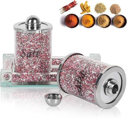 Salt and Pepper Shakers, Crystal Pink Kitchen Canister Set of 2 with Tray, Glass Spice Shaker for Home Decor, Fancy Decorative Crushed Diamond Jars for Gift (Gold) in Saudi Arabia