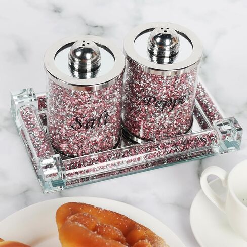 Salt and Pepper Shakers, Crystal Pink Kitchen Canister Set of 2 with Tray, Glass Spice Shaker for Home Decor, Fancy Decorative Crushed Diamond Jars for Gift (Gold) in Saudi Arabia