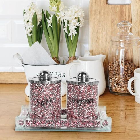 Salt and Pepper Shakers, Crystal Pink Kitchen Canister Set of 2 with Tray, Glass Spice Shaker for Home Decor, Fancy Decorative Crushed Diamond Jars for Gift (Gold) in Saudi Arabia