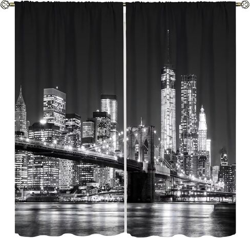 New York Curtains, Brooklyn Bridge and Lower Manhattan Skyline Living Room Bedroom Window Drapes 2 Panel Set, W42 x L45 Inch in Saudi Arabia