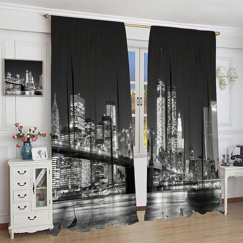 New York Curtains, Brooklyn Bridge and Lower Manhattan Skyline Living Room Bedroom Window Drapes 2 Panel Set, W42 x L45 Inch in Saudi Arabia