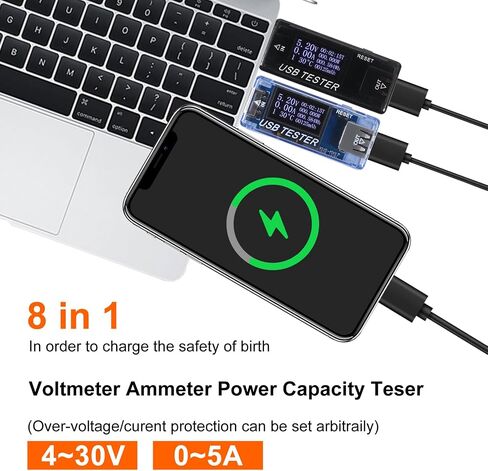 2 قطعة 8 في 1 USB تستر 10 فولت 3A الجهد الحالي تستر الفولتميتر السعة الحالية متر رقمي متعدد الحالي تستر كاشف الجهد (أسود) in Kuwait