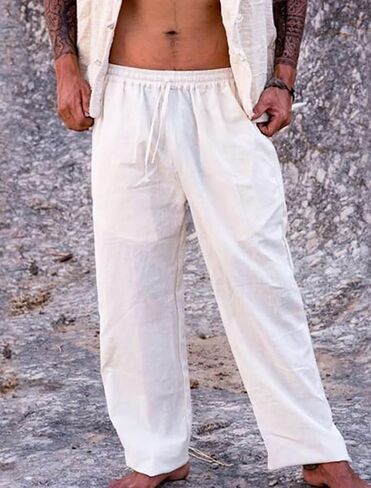 palglg Mens or Womens 100% Cotton Trousers with Elastic Waist & Out-Drawstring for Yoga Pants & Beach Wear in Saudi Arabia