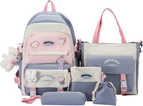 5Pcs Kawaii Anime Canvas School Backpack Combo Set with Pins Cute Bear Pendant Aesthetic Daypack School Essential Kit in Saudi Arabia