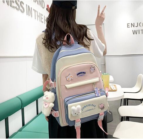 5Pcs Kawaii Anime Canvas School Backpack Combo Set with Pins Cute Bear Pendant Aesthetic Daypack School Essential Kit in Saudi Arabia