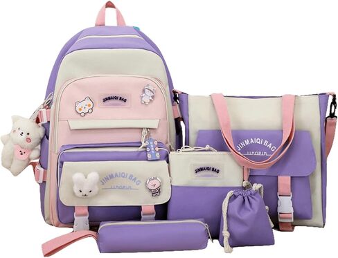 5Pcs Kawaii Anime Canvas School Backpack Combo Set with Pins Cute Bear Pendant Aesthetic Daypack School Essential Kit in Saudi Arabia