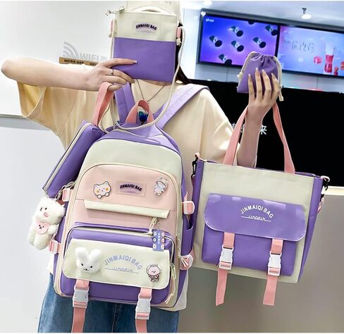 5Pcs Kawaii Anime Canvas School Backpack Combo Set with Pins Cute Bear Pendant Aesthetic Daypack School Essential Kit in Saudi Arabia