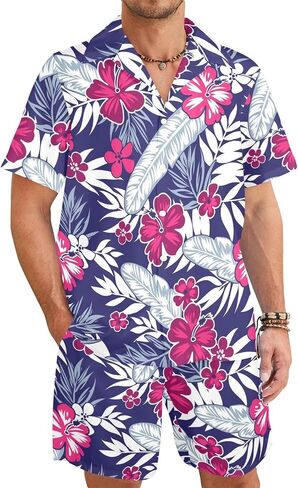 HUGLAZY Mens 2 Piece Outfits Tropical Shirts Short Sleeve Hawaiian Shirt And Shorts Beach Outfits Party Disco in Saudi Arabia