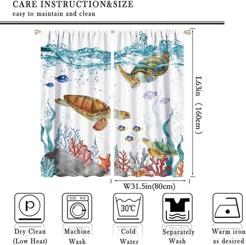Sea Turtle Curtains, Teal Blue Ocean Underwater Animal Starfish Fish Nautical Coastal Theme Window Treatments for Living Room Bedroom 42x45 Inch in Kuwait