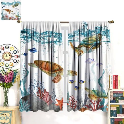 Sea Turtle Curtains, Teal Blue Ocean Underwater Animal Starfish Fish Nautical Coastal Theme Window Treatments for Living Room Bedroom 42x45 Inch in Kuwait
