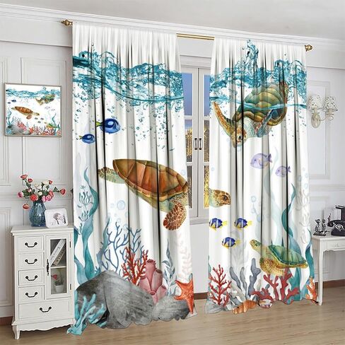 Sea Turtle Curtains, Teal Blue Ocean Underwater Animal Starfish Fish Nautical Coastal Theme Window Treatments for Living Room Bedroom 42x45 Inch in Kuwait